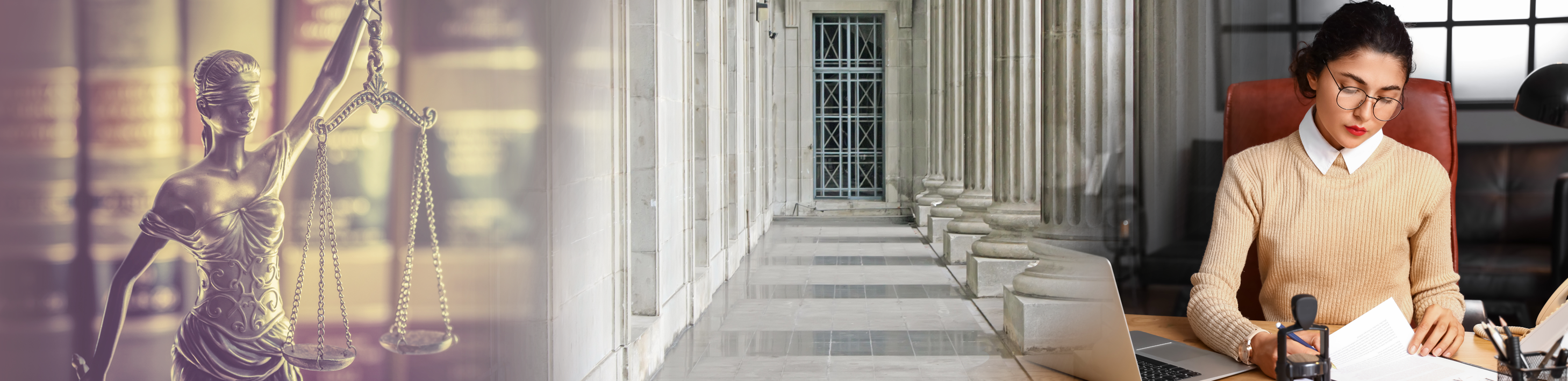 legal woman at desk scales of justice